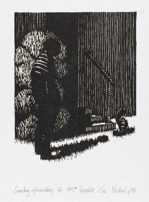  "Søndag ettermiddag kl. 14.00" by Niclas Gulbrandsen, a high-contrast woodcut print on paper featuring the silhouette of a person standing next to steps with a small dog on a lower step, set against a background of vertical lines suggestive of a fenced area.