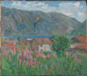  "From Seljord" by Oluf Wold-Torne is an oil on canvas landscape painting featuring pink flowers in the foreground, rustic buildings in the middle ground, a calm blue lake, and mountainous terrain set against a light blue sky with gentle clouds.