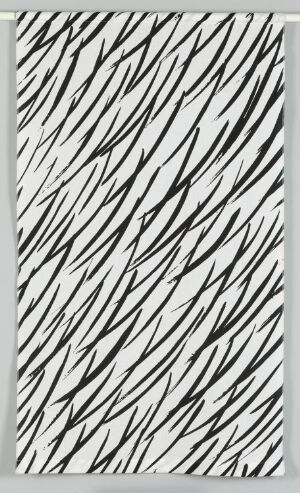  A machine-woven cotton fabric in twill with a silkscreen print by artist Fujiwo Ishimoto, featuring a chaotic pattern of irregular black lines on a white background, exhibiting a lively and abstract design.