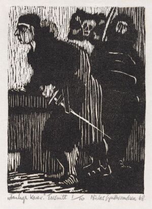  "Farlige karer" by Niclas Gulbrandsen, a black and white woodcut print on paper depicting four shadowy figures standing side by side, with prominent use of stark contrasting lines and a dark, expressive atmosphere.