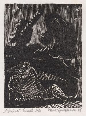 Black and white woodcut print "Nedenifra" by Niclas Gulbrandsen depicting a person lying on the ground looking up at a shadowy figure towering above with a background of a night sky scattered with stars.