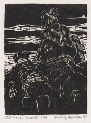  "Til havs," a woodcut on paper by Niclas Gulbrandsen, showing bold, dark lines that create the figures of people in heavy clothing with their backs turned, set against a background suggestive of a windy seascape, with streaked clouds or wind above a textured water surface.
