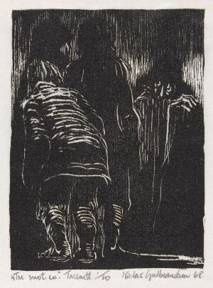  A black and white woodcut print on paper by Niclas Gulbrandsen titled "Tre mot en," depicting a stylized interaction between three figures, with two confronting a hunched over figure in a high-contrast nighttime scene, expressive lines and dark tones create a sense of tension and drama.