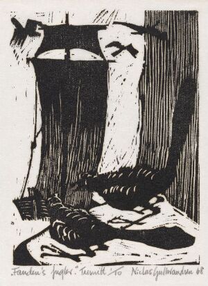  Black and white woodcut print "Fandens fugler" by Niclas Gulbrandsen on paper, depicting well-worn shoes on a floor with flying birds above, emerging around planks of wood.
