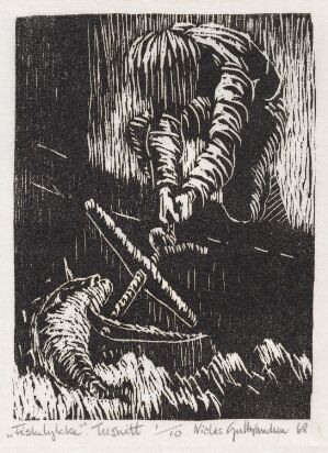  "Fiskelykke" by Niclas Gulbrandsen – A black and white woodcut print on paper, depicting a person in a bent position attending to a fish lying on the ground, set against a background with vertical textured lines, suggesting an outdoor setting with tall grass.