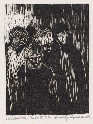  A black and white woodcut print titled "Misunnelse" by Niclas Gulbrandsen, featuring four abstract figures with pronounced facial expressions and vertical lines in the background, evoking a deep sense of emotion and atmosphere.