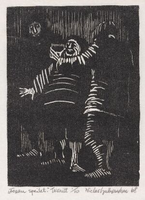  Black and white woodcut print titled "Foran speilet" by Niclas Gulbrandsen, featuring a figure with raised arms in front of a mirror, accentuated by striped clothing and a dark background providing contrast.