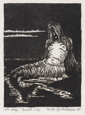  "Et slags" by Niclas Gulbrandsen is a woodcut print on paper featuring a monochromatic image of a walrus reclining on its side, depicted in stark contrast with a suggestion of its watery environment in the background, in a palette of black and white.