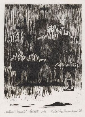  "Kirken i havet," a black and white woodcut on paper by Niclas Gulbrandsen, depicts a bold, dark silhouette of a church with a central cross, set against a textured background that suggests a thick forest or overgrowth, with possible hints of water at the base of the composition. The artwork evokes a sense of isolation and contemplation through the use of deep contrasts and intricate textures.