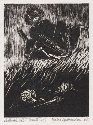  "Lettrodd båt," a black and white woodcut print by Niclas Gulbrandsen on paper, depicting a person rowing a small boat in choppy waters, under a sky represented by dense, fine lines.