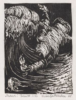  A black and white woodcut print titled "Reddet" by Niclas Gulbrandsen, depicting a small human figure struggling within large, tumultuous waves, capturing a scene of survival and the power of nature.