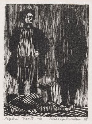  "Refselse" by Niclas Gulbrandsen, a woodcut print on paper showing two dominant figures standing over a third figure lying prone on the ground, all rendered in stark black and white, emphasizing a dramatic or tense encounter.