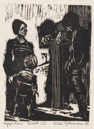  "Gapestokk" by Niclas Gulbrandsen, a woodcut print on paper, depicting an authoritative figure on the left and two individuals locked in a pillory in the center, with a child standing in the foreground, in a stark black and white contrast.