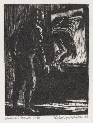  "Snarvei" by Niclas Gulbrandsen, a black and white woodcut print showing a shadowy figure standing near an illuminated opening, with the interplay of light and dark creating a dramatic atmosphere on paper.