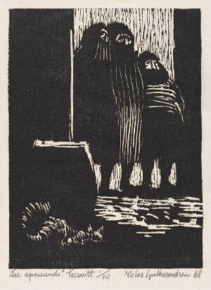  "Tre spaserende" by Niclas Gulbrandsen, a black and white woodcut on paper depicting the silhouettes of three figures walking among tall, slender trees in a forest, conveying a nocturnal atmosphere with stark contrast and vertical lines.