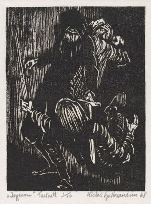  Black and white woodcut print "Igjennom" by Niclas Gulbrandsen, featuring a group of shadowy figures huddled together in a dense, dark setting that resembles a forest, with a strong contrast between the black ink and the white paper.