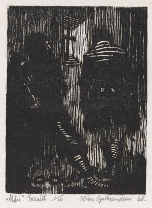  A black and white woodcut print by Niclas Gulbrandsen titled "Aldri", featuring a dark silhouette of a person walking towards a light source, with another faint figure in the distance, all rendered in a high-contrast and abstract style.