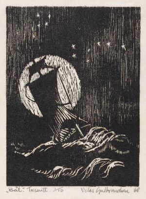  Monochromatic woodcut print by Niclas Gulbrandsen, titled "Båt," showing a stylized sailboat with an inflated sail on choppy seas under a starry night sky. The print is predominantly black with white highlights, creating a high contrast image. Artist's signature and edition number are visible at the bottom.