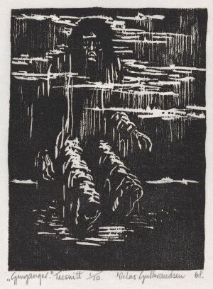  "Gjenganger" by Niclas Gulbrandsen, a woodcut print on paper showing a spectral figure rising from a watery surface, possibly a spirit or ghost, with a haunting and enigmatic atmosphere. The image features high contrast between black and white, with the use of negative space to define forms and textures.
