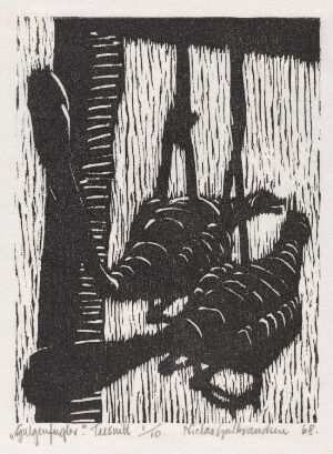  "Galgenfugler" by Niclas Gulbrandsen, a black and white woodcut print showing an abstract bird-like figure with spread wings and a pronounced beak, set against a background of vertical lines suggestive of confinement or a natural setting.