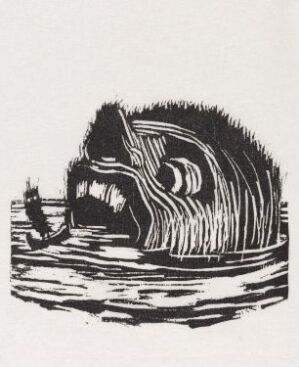  "Havuhyre sluker seilbåt" by Niclas Gulbrandsen is a black and white woodcut print depicting a large sea creature engulfing a sailboat, with expressive waves and a blank sky, emphasizing the drama of the scene.