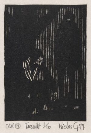 A black and white woodcut print by Niclas Gulbrandsen titled "And the young man looked up and recognised Him and made answer, 'But I was dead once and you raised me from the dead. What else should I do but weep?'" It features a sorrowful, upward-looking face with highlights emerging from a dark background, with vertical lines suggestive of rain. The print carries the artist's initials and the year '87 in the lower right.