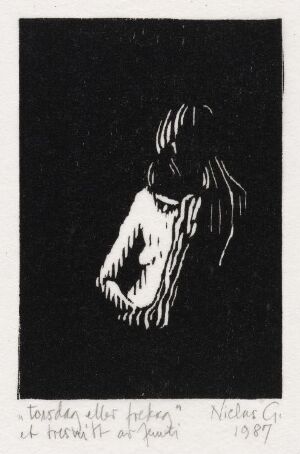  "Torsdag eller fredag," a black and white woodcut print on paper showcasing a textured side profile of a person's head and expressive facial features, with contrasting dark and light areas creating depth, by Niclas Gulbrandsen, 1997.