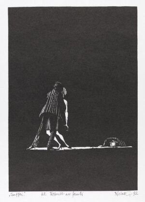 ** A black and white woodcut print titled "Suffli" by Niclas Gulbrandsen, depicting an elongated, stylized human figure with vertical stripes walking to the right on a featureless ground, with a mysterious shadow trailing behind and a small dark object on the ground to the left.