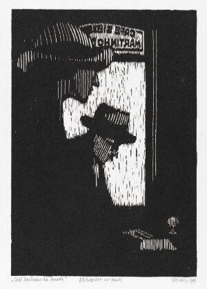  "Café Martinho da Arcada," a black and white woodcut print by Niclas Gulbrandsen, featuring a silhouetted figure in a hat and coat looking into an illuminated café window with a small dog nearby, set against a night background with minimal details, emphasizing the contrast between light and shadow.