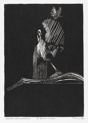  "Bokholder med sommerfugl" by Niclas Gulbrandsen – A black and white woodcut print showing a stylized profile of a human figure with a butterfly resting on the head, juxtaposed against a complete dark background, with the details outlined in white to depict a sense of light emerging from shadows.