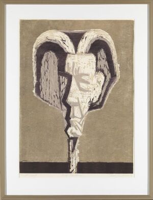" A color woodcut titled "Kjell Askildsen" by Tom Gundersen, featuring a stylized humanoid figure integrated into a heart-like shape with a light beige background, crafted using a limited color palette of white and black with delicate texture. The artwork is framed in pale grey and enclosed in a simple darker frame.