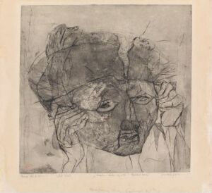  "Split Head" by Doro Ording, an etching, drypoint, and aquatint on paper, depicting an abstract and fragmented human face in shades of beige and charcoal, symbolizing psychological complexity and disjointedness.