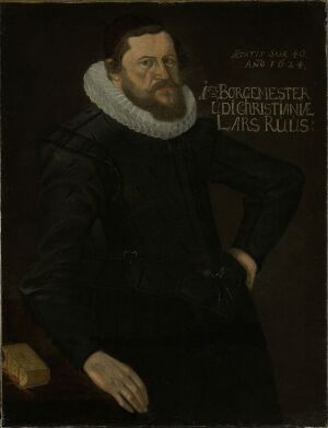  Oil painting on canvas titled "Borgermester Lars (Laurits) Ruus" by an unidentified Danish artist, featuring a portrait of a bearded man in dark attire with a white ruffled collar, standing with his right hand on his hip and his gaze directed to the left of the viewer, against a dark brown background.