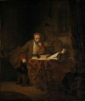  "A Scholar in his Study" by Rembrandt van Rijn is an oil painting depicting a bearded scholar dressed in a brown and red robe, absorbed in reading a large book on a heavily carved wooden desk in a dimly lit room filled with scholarly objects.