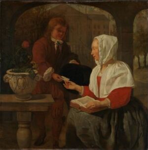  A Dutch oil painting on wood panel by an unidentified artist, showing a young man in a rust-colored 17th-century outfit, handing his hat to an older woman in a red dress and white headwear, with a vase of red flowers on a ledge in the background.