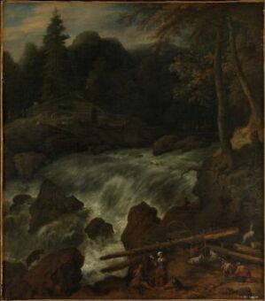  "Waterfall," an oil painting by Allaert van Everdingen, features a tumultuous waterfall at the center, surrounded by dark, rugged rocks and dense forest foliage. The scene is depicted in a palette of deep greens, blues, and earth tones, with hints of human life shown through a small group of figures and logs in the right foreground.