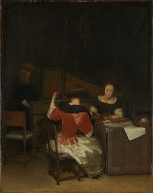  "A Concert" by Gerard ter Borch, an oil on canvas painting portraying a serene indoor scene with three figures engaged in music-making. The central woman, dressed in a bright red bodice and shimmering grey skirt, plays a l