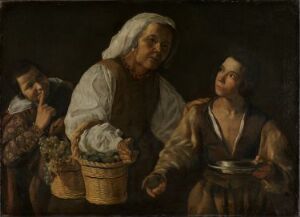  "The Old Fruitseller," an oil painting by Diego Velázquez, portrays an elderly woman offering fruit from her basket to a younger figure holding a plate, against a dark background, with a partially obscured male figure behind her, creating a scene rich in chiaroscuro and earthy tones.