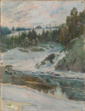  "Winterlandscape with River" by Jørgen Sørensen, an oil painting on canvas depicting a serene winter scene with a partially frozen river reflecting the sky, snow-covered riverbanks with exposed rocks, a dense tree line on the horizon, and a sky with soft pinks, blues, and greys suggesting winter dusk or dawn.