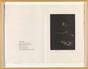  An open book with the left page containing vertically aligned text and the right page showing a black-and-white woodcut print titled "Is anybody there?" by artist Niclas Gulbrandsen, depicting a figure interacting with a vertical element in a high-contrast, minimalist style.