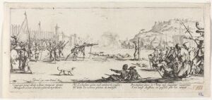  Etching titled "L'arquelbusade" by artist Jacques Callot, depicting a turbulent historical battle scene with soldiers, some on horseback, others lying wounded on the ground, a fortified city in the background, all rendered in intricate monochromatic detail on paper.