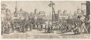  "L'estrapade" by Jacques Callot is an intricate black and white etching on paper by artist Jacques Callot depicting a crowded public scene in front of a cityscape with varied architecture, where townspeople gather around a tall structure in the center, likely observing a public event or spectacle.