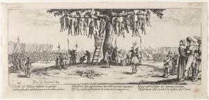  "La pendaison" by Jacques Callot, an etching on paper showing an execution scene with a large, bare tree from which several figures hang, surrounded by onlookers and soldiers, rendered in shades of black and white with detailed lines and contrasts.