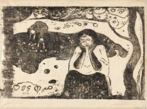  A woodcut print by Paul Gauguin titled "Human Misery" depicting a seated woman with her hands holding her face, surrounded by abstract patterns on an off-white paper background.