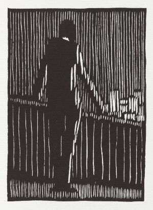  A woodcut print by Niclas Gulbrandsen titled "It was night-time and He was alone" showing a black silhouette of a person descending a flight of stairs against a densely lined background, conveying a sense of isolation.