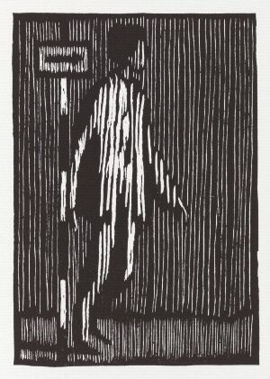  A black and white woodcut print by Niclas Gulbrandsen titled "And He saw afar-off the walls of a round city and went towards the city," depicting a stylized figure draped in a cloak with a signpost in the background, rendered in expressive lines against a patterned backdrop suggesting rain or tall slim trees.