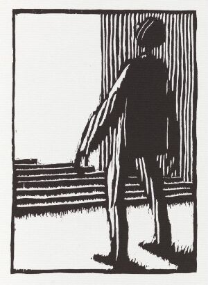  Woodcut print by Niclas Gulbrandsen titled "And He beheld a house that was of marble and had fair pillars of marble before it..." depicting a silhouetted figure standing at the entrance of a marble house, with stylized black pillars and horizontal lines suggesting a floor, framed by a simple black border on white paper.