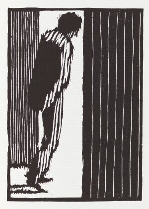  Woodcut print titled "And He passed out of the house and went again into the street" by Niclas Gulbrandsen, featuring a sharply contrasted black silhouette of a man stepping out from the left into a white space with vertical lines to the right, symbolizing an orderly street.