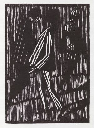  A black and white woodcut print by Niclas Gulbrandsen titled "And after a little while He saw one whose face and raiment were painted..." showing two stylized figures, one with a pronounced face and decorated clothing, in an interior setting suggested by minimal background lines.