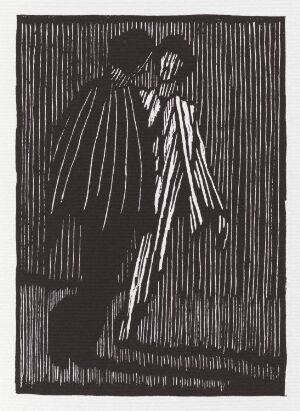  A black and white woodcut print by Niclas Gulbrandsen titled "And the young man turned round and recognised Him and said, 'But I was blind once, and you gave me sight. At what else should I look?'" depicting a stylized figure amidst bold, vertical lines, symbolizing a moment of dramatic recognition and enlightenment. The artwork is abstract with expressive lines and high contrast, focusing on the singular figure within the composition.